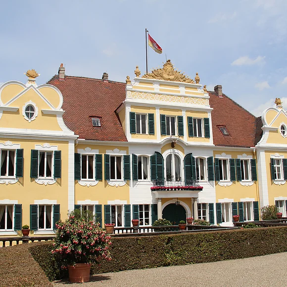 Blick auf das Schloss Hohenaltheim mit seinen grünen Fensterläden