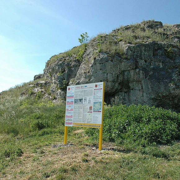 Hexenküche bei Lierheim Außenansicht auf die Hexenküche bei Lierheim mit davor stehender Infotafel.