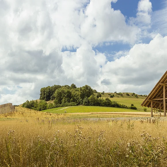 Bild der Freilichtanlage mit der Rekonstruktion des Keltensitzes am Ipf.