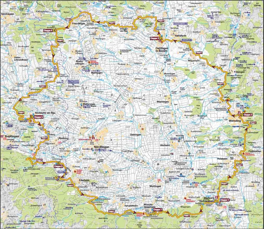 Topographische Karte des Rieskraters mit dem Wegverlauf des Ries-Panoramawegs entlang des Kraterrands.
