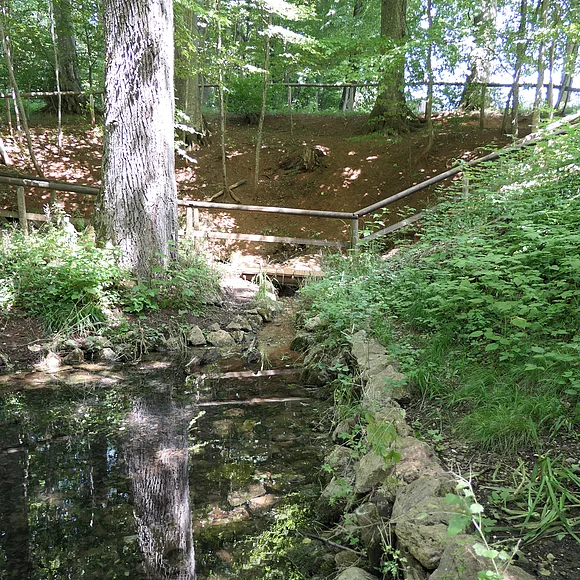 In einer Senke befindet sich ein von Steinen und Holzzäunen begrenzter kleiner Weiher.