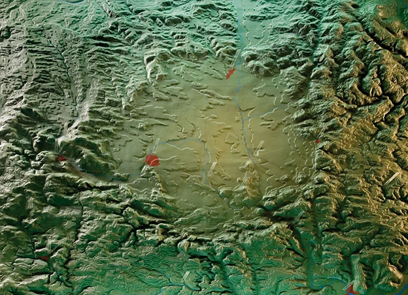 Im überhöhten Geländemodell des Rieskraters lässt sich das Kraterbecken klar vom Rand unterscheiden.