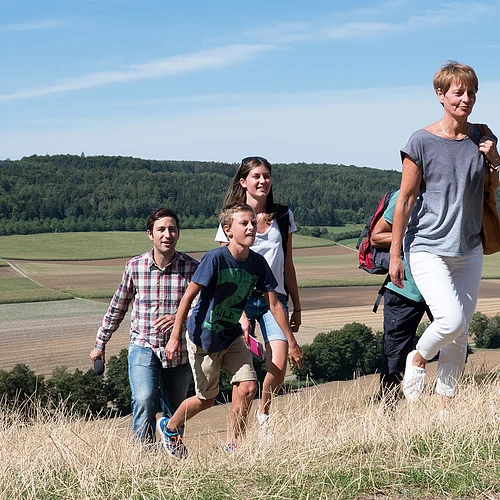 Geopark-Besucher auf dem Lauschtour Wanderweg Fünf Personen gehen auf einer Wiese bergauf. Im Hintergrund sind in einer Senke Bäume und Äcker, sowie am Horizont ein bewaldeter Rücken zu sehen.