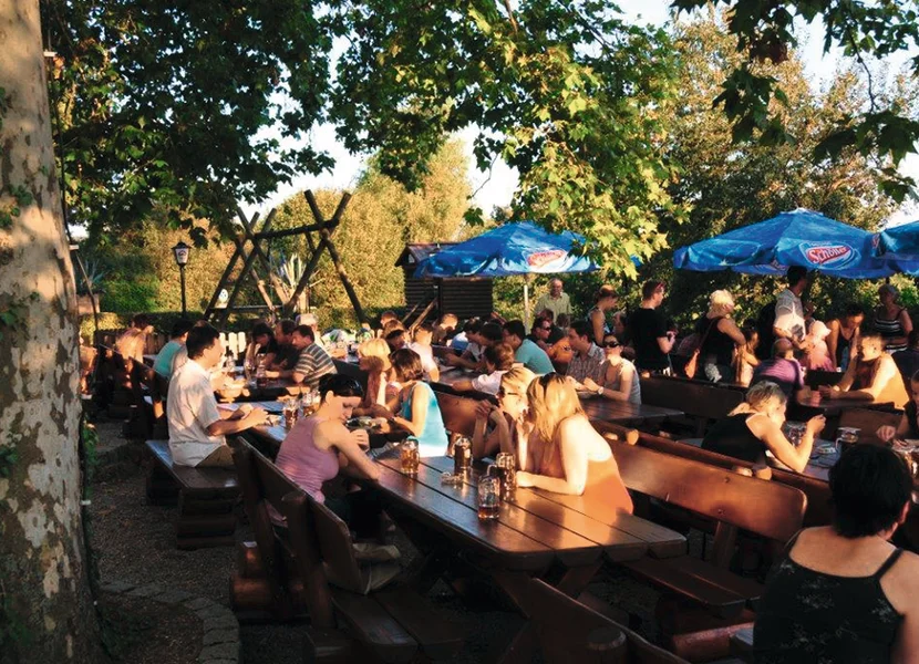 In einem Biergarten sitzen viele Menschen an langen Holztischen unter Bäumen.