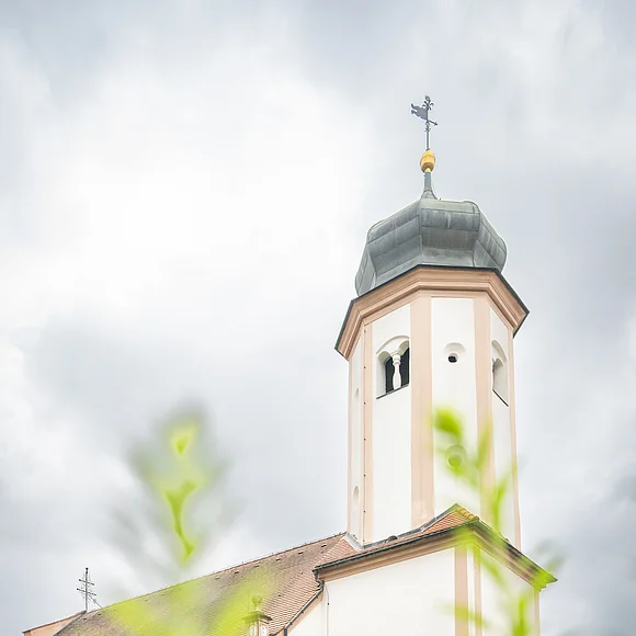 Seitenansicht der Lambertuskirche aus der Froschperspektive und bewölktem Himmel. Im Vordergrund befinden sich grüne Pflanzen.