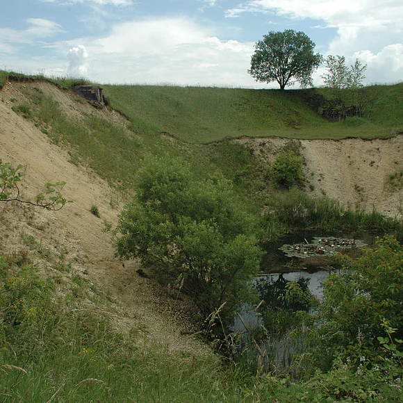 Die Hänge einer großen Grube zeigen zum großen Teil offenen Boden. Am Boden der Grube ist ein kleiner, von Büschen und Bäumen umgebener Teich.