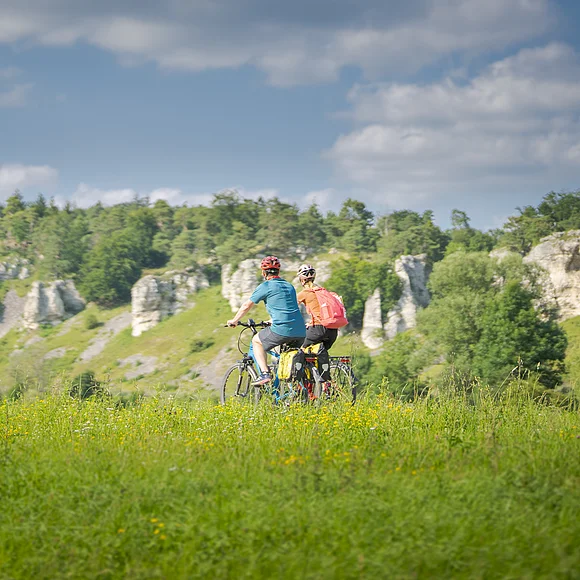 Radfahrer bei den 12 Apostel Solnhofen Zwei Personen fahren mit Fahrrädern auf einem grasbewachsenen Feld vor einer Felslandschaft.