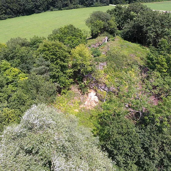 Luftansicht des Aufschlusses Stockiberg bei Kaisheim mit viel Vegetation.