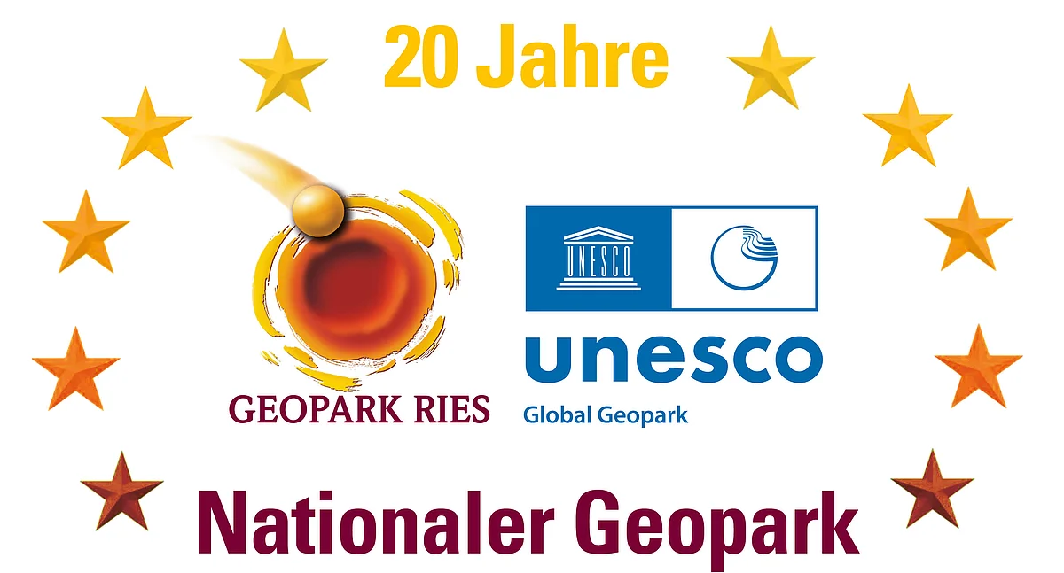 Logo "20 Jahre Nationaler Geopark Ries", in der Mitte die Logos von Geopark Ries und UNESCO, darum herum ein Sternenkranz mit der Schrift "20 Jahre Nationaler Geopark"