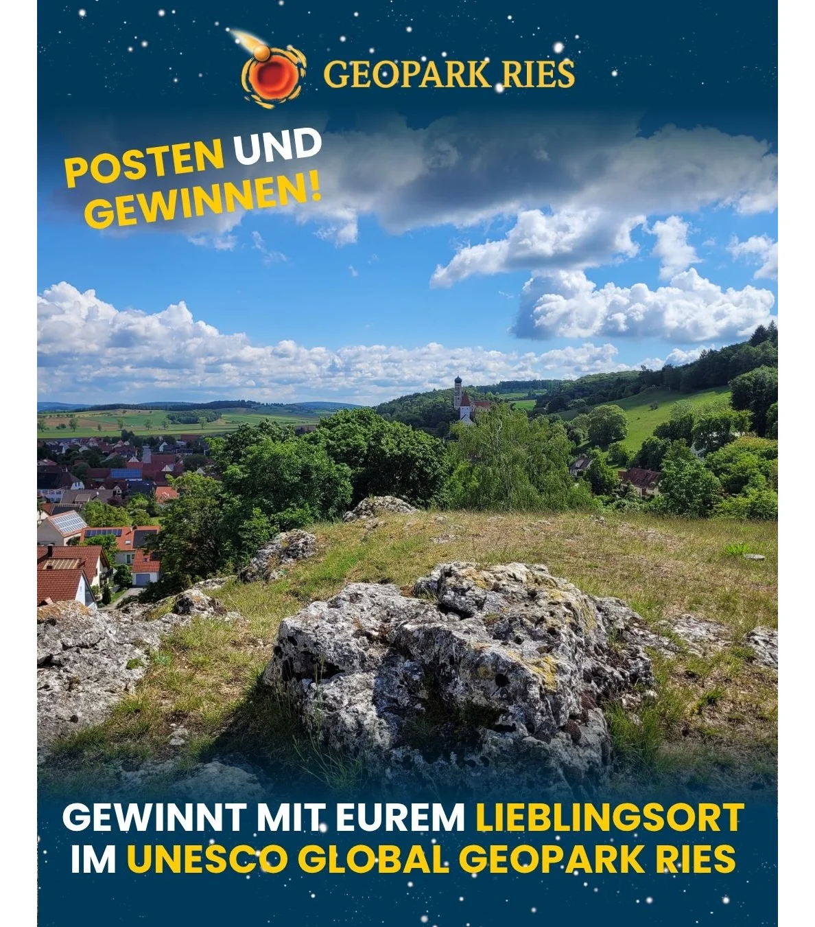 Das Bild zeigt die Landschaft am Kühstein in Mönchsdeggingen mit Aufruf zum Social Media Wettbewerb "Mein Lieblingsort im Geopark Ries"
